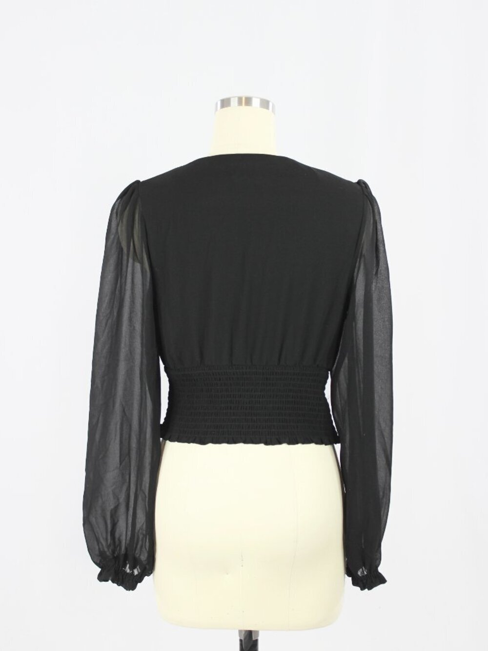 Aritzia WILFRED Wistful Black Chiffon Smocked Puff Sleeve V-Neck Blouse, Size S - Picture 3 of 14